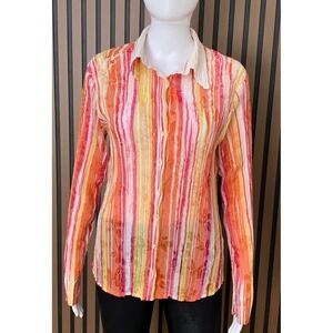 Cache Womens Orange Pink Striped Crinkle Button Down Shirt Floral Texture Size M
